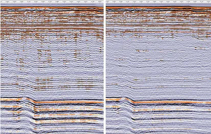 Seismic section before and after multiple attenuation