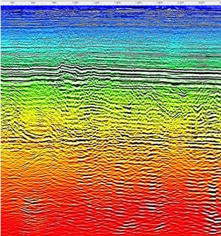 Time-migrated seismic section with velocity overlay