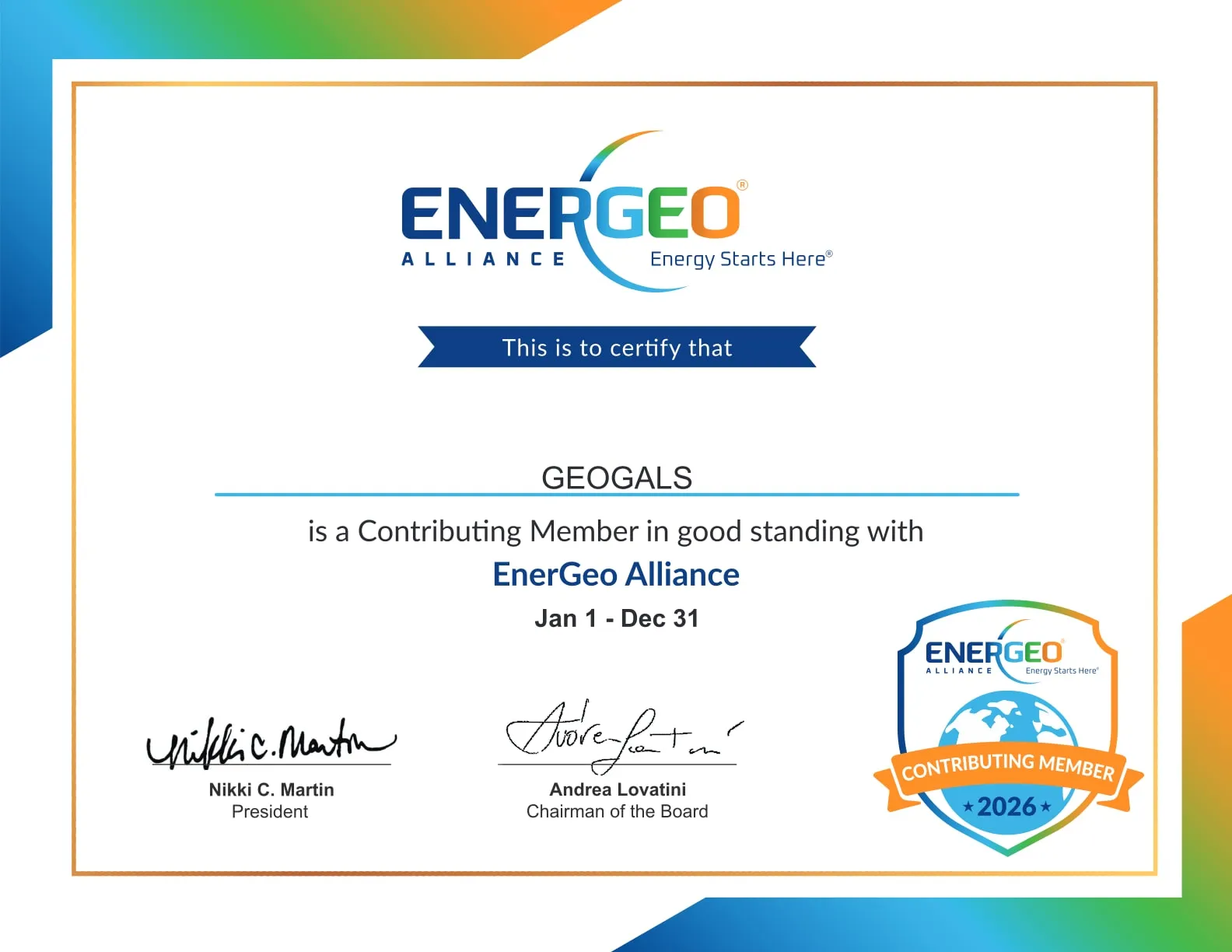EnerGeo Alliance membership certificate: GEOGALS is a Contributing Member in good standing, 1 January – 31 December 2026