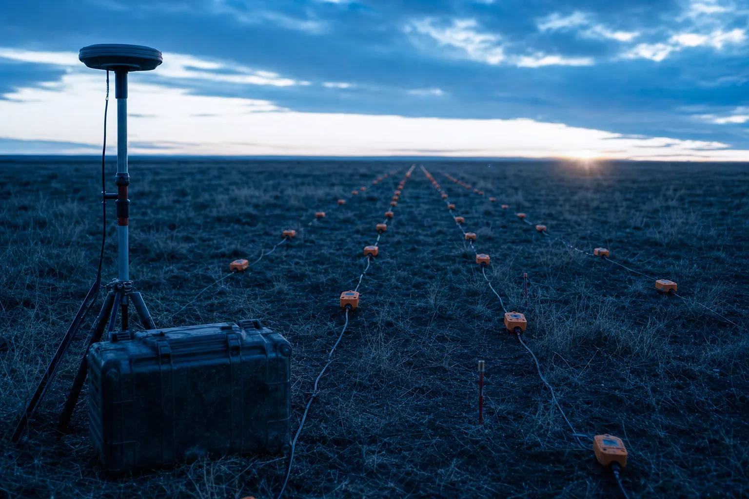 Land seismic survey lines of wireless nodes with a GNSS antenna in open steppe at dawn