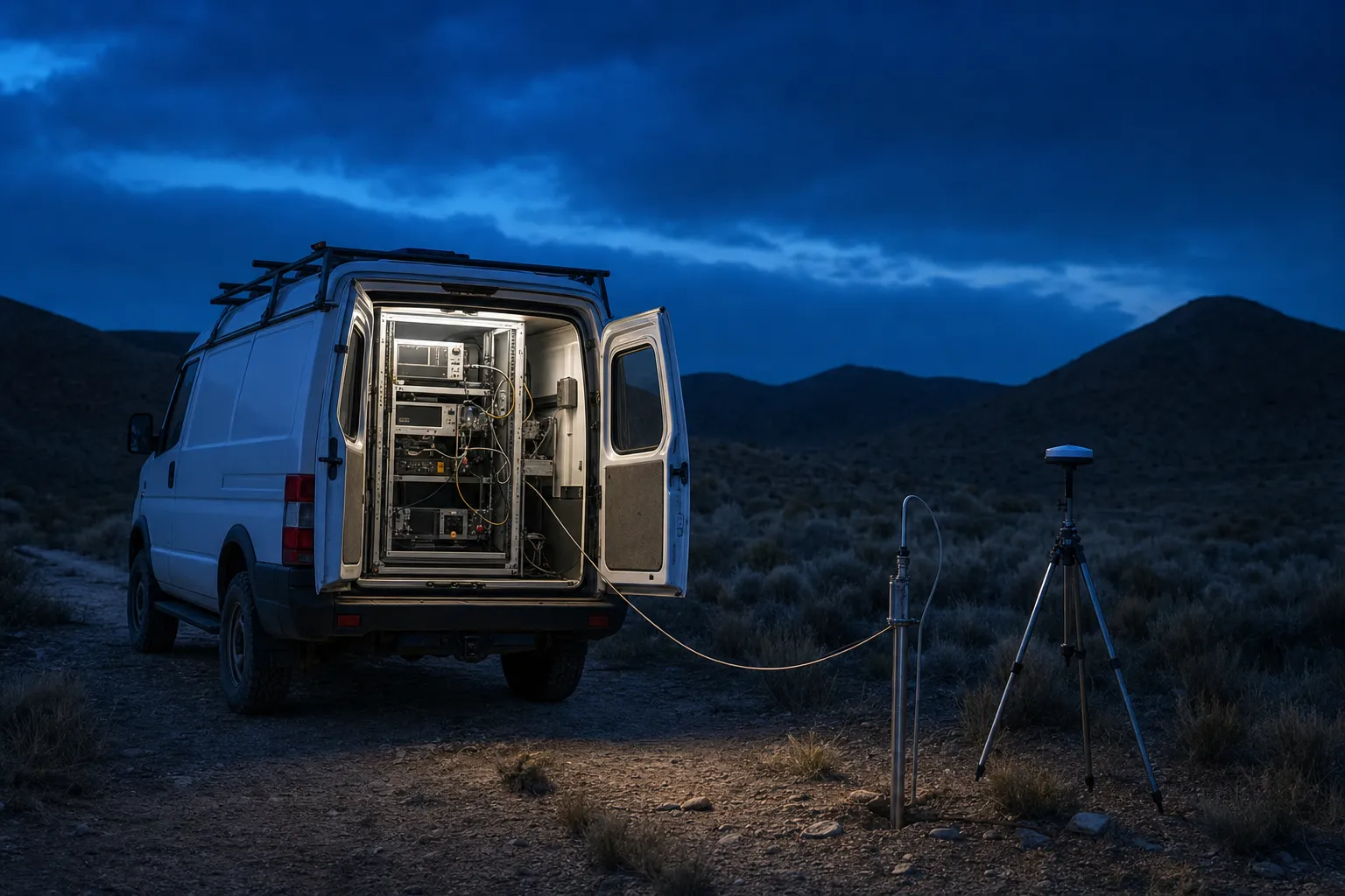 Mobile field laboratory van with a gas line to a soil-gas probe and a GNSS tripod