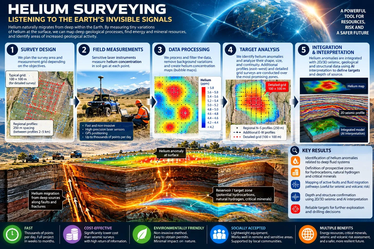Helium surveying workflow: survey design, field measurements, data processing, target analysis and integration with seismic